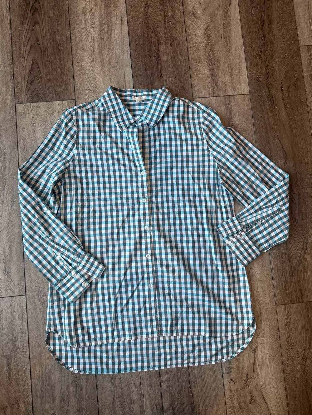 tyler boe Women's Teal Preppy Gingham Long Sleeve Button Down Shirt